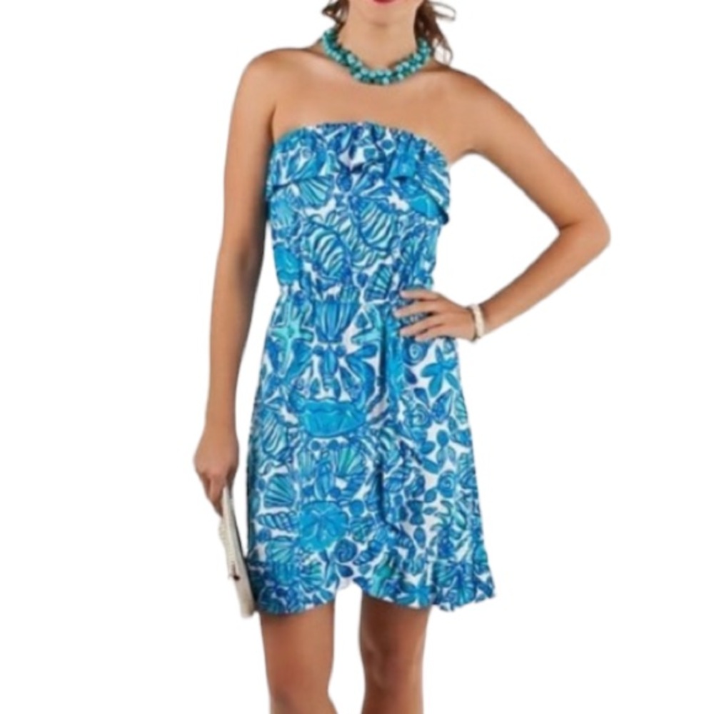 Lilly Pulitzer Strapless Ruffe Dress in Flor Shorely Blue Sailors Valentine - S